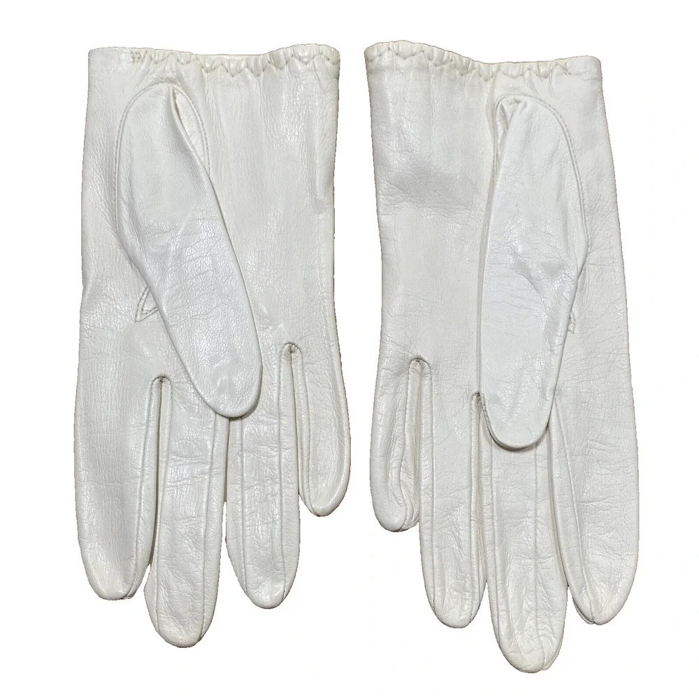 Vintage Miss Aris White Leather Gloves Size 6.5 Made in Philippines Wrist Length